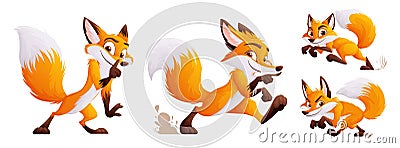 A set of four cunning but cute foxes. Adult foxes in dynamic poses. Wild animals of the forest. Vector cartoon style Vector Illustration