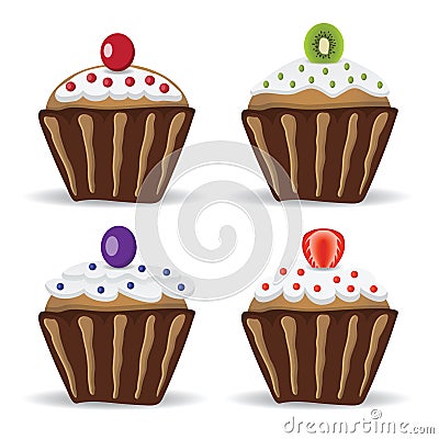 Set of four cupcakes with fruit Vector Illustration