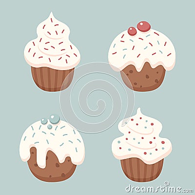 Set of four cupcakes for holidays. Vector Illustration