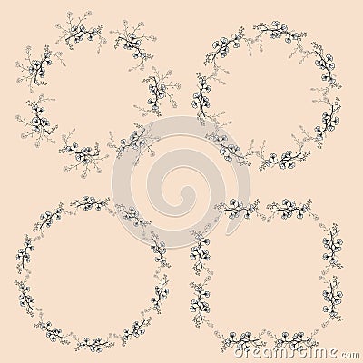 A set of four cut vintage openwork wreaths. Black and white vector hand drawing branches with leaves. Vector Illustration