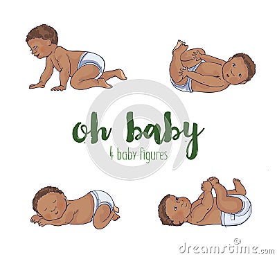 Set of four cute african babies Vector Illustration