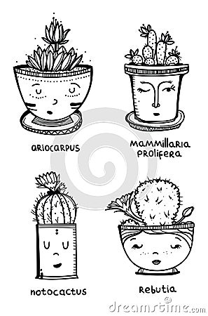 Set of four cute illustrations cactus in pot with faces. Design elements for cards, invitations or a stickers. Vector Illustration