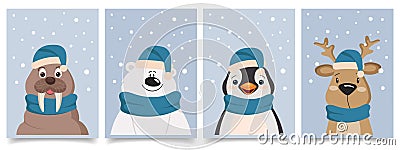 Set of four cute little kawaii cartoon arctic animals wearing scarves and hats in the snow. Polar bear, fawn, walrus, penguin. Vector Illustration