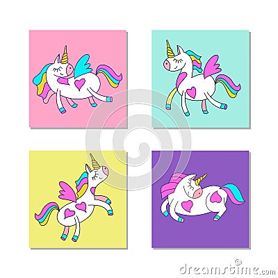 Set of four cute magic unicorns with wings. Vector illustration. Vector Illustration