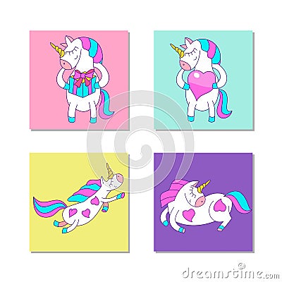 Set of four cute magic unicorns with wings. Vector illustration. Vector Illustration