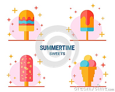 Set of four cute vector ice creams, summertime flat illustrations Vector Illustration