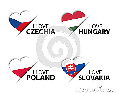 Set of four Czech, Hungarian, Polish and Slovak heart shaped stickers. I love Czech Republic, Hungary, Poland and Slovakia Vector Illustration