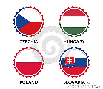 Set of four Czech, Hungarian, Polish and Slovak stickers. Made in Czech Republic, Made in Hungary, Made in Poland Vector Illustration
