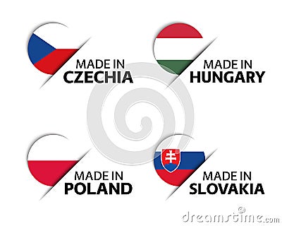 Set of four Czech, Hungarian, Polish and Slovak stickers. Made in Czech Republic, Made in Hungary, Made in Poland Vector Illustration