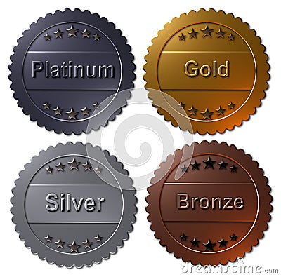 Set of 4 medals Paltinum, Gold, Silver, Bronze Vector Illustration