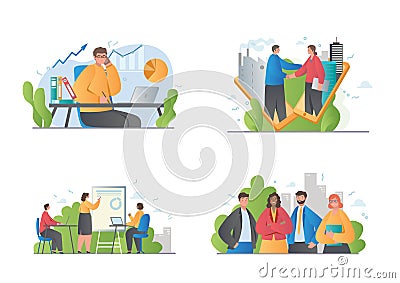 Set of four designs in a Business series showing teamwork, office and handshake Vector Illustration