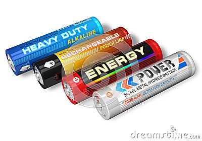 Set of four different AA batteries Stock Photo