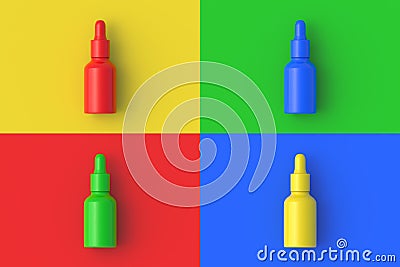 Set of four different color dropper bottle on colorful segmental background. Stock Photo