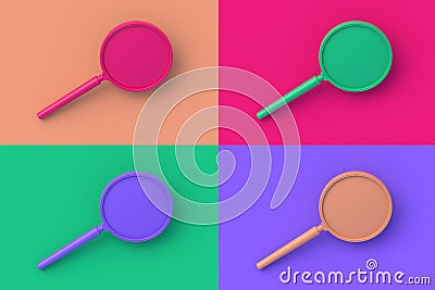 Set of four different color magnifier on colorful segmental background Stock Photo