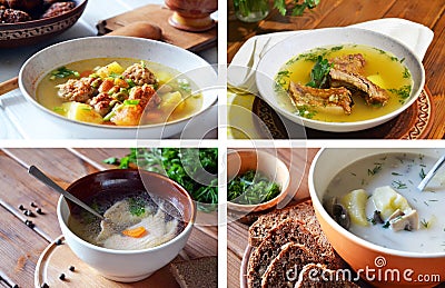 Tasty calorie traditional soups with meat, salmon and mushrooms set Stock Photo