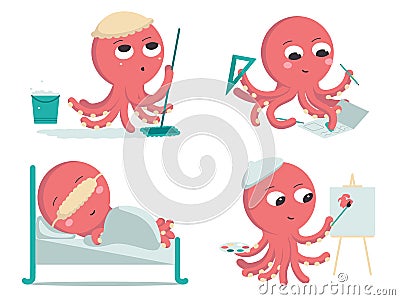 A set of four drawings of red octopus characters sleeping, cleaning, drawing and learning. Colored vector flat Vector Illustration