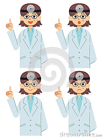 A set of four facial expressions explained by a female doctor wearing a forehead mirror. Stock Photo