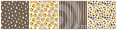 Set of four fall seamless patterns. Vector hand drawn Mushrooms, pumpkins, leaves, nuts, acorns illustrations in yellow and brown Vector Illustration