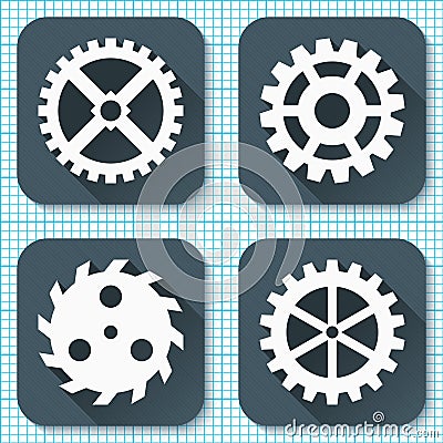 Set of four flat gear icons with long shadows on a graph engineering paper background. Vector Illustration