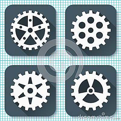 Set of four flat gear icons with long shadows on a graph paper background. Vector Illustration