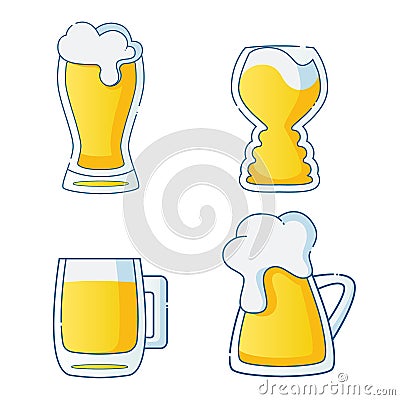 Set of four flat hand drawn beer mug icons isolated on white. Yellow, orange, blue. Beer day, party Stock Photo