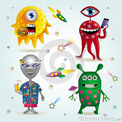 Set of four funny cartoon aliens Stock Photo