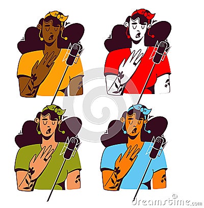 A set of four funny girls - singers of different colors. Different skin colors and dresses Vector Illustration