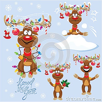Set of four funny rein deers with christmas lights Vector Illustration