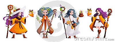 A set of four girls, guardians of the forest. Woman druid, herbalist or healer with a wooden staff. Forest keeper and Vector Illustration