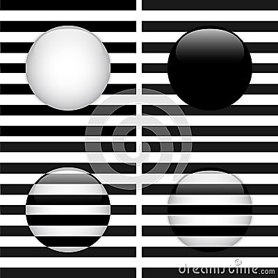 Set of Four Glass Circle Black and White Stripes Vector Illustration