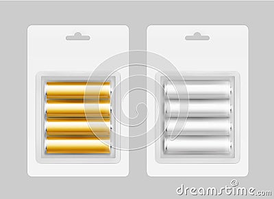 Set of Four Gray Yellow Alkaline AA Batteries Vector Illustration