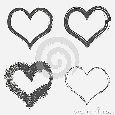 Set of four grunge hearts. Abstract brush drawing. Vector. Vector Illustration