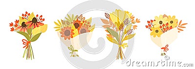 Set of four hand-drawn pretty autumn bouquets Vector Illustration