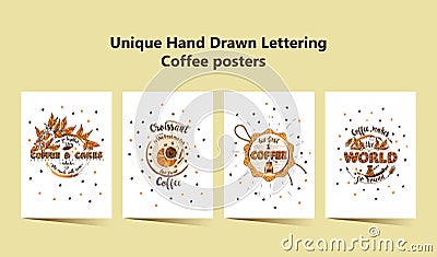 Set of four Handdrawn COFFEE lettering posters with imprints of a coffee mugs. Vector Illustration