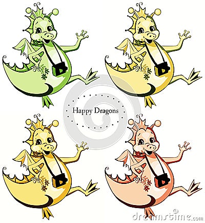 Set of four happy dragons: green, sandy, yellow and orange. Cartoon Illustration