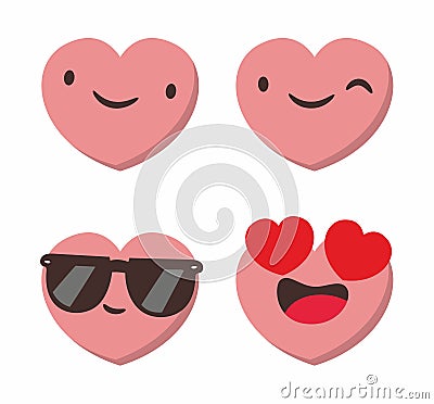 Set of four heart shaped emoticons. Vector emoji heads in the shape of hearts with different emotions on the face Vector Illustration