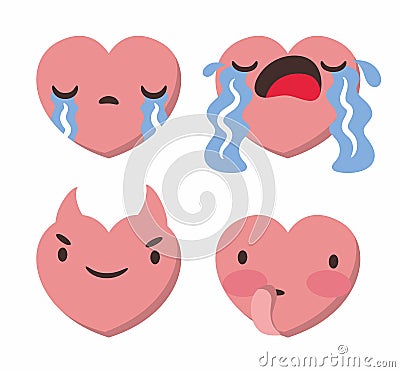 Set of four heart shaped emoticons. Vector emoji heads in the shape of hearts with different emotions on the face Vector Illustration