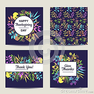 Set of four herbal card template for thanksgiving day Vector Illustration