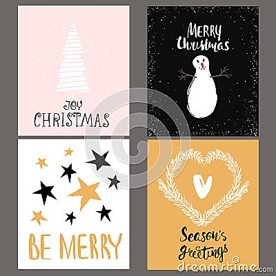 Set of four holidays greeting card with hand drawn elements, shapes and unique handwritten Christmas cards collection. Vector Illustration