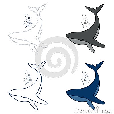 Set of four humpback whales with handdrawn phrase see the sea minimalist simple outline vector logo illustration. Isolated contour Vector Illustration