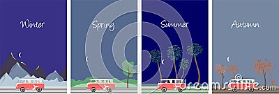 A set of four illustrations depicting a retro bus on the road at night. Four seasons autumn with trees, winter with Vector Illustration