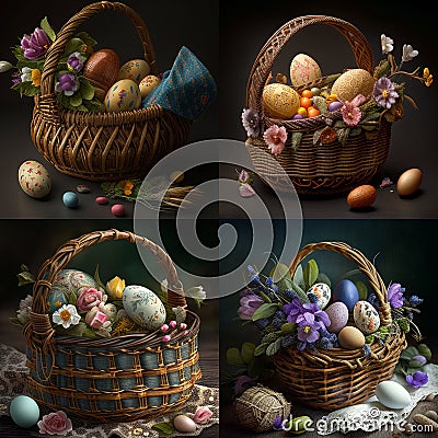 Set of four illustrations with Easter basket Cartoon Illustration