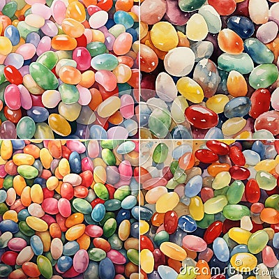 A set of four images of multi-colored jelly beans sweet candies. Cartoon Illustration