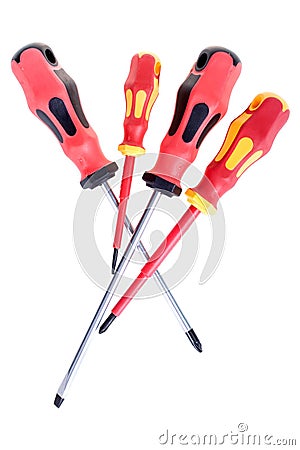 Set of four industrial screwdrivers with plastic handles, isolated on white Stock Photo