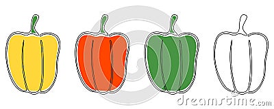 A set of four isolated bell peppers drawn in one line with yellow, orange, green substrates and without it. Vector Illustration