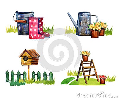 Set of four isolated scenes with gardening tools - hand drawn watercolor Stock Photo