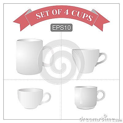 Set of four isolated white cups Vector Illustration