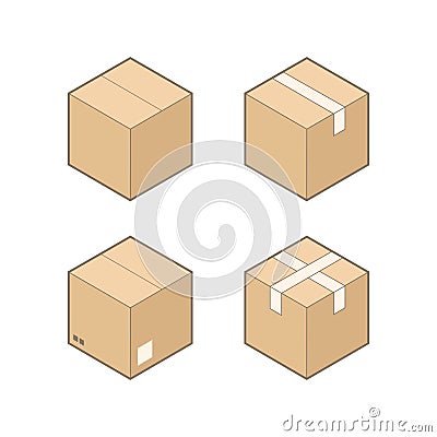 Set of four isometric cardboard boxes isolated on white background. Vector Illustration