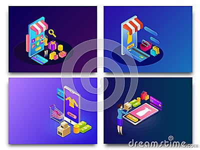 Set of four isometric online shopping designs with shopping app Stock Photo