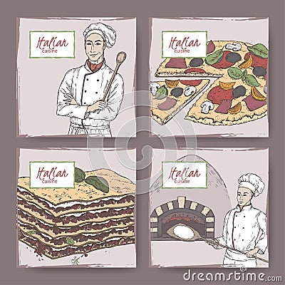 Set of four Italian cuisine color labels with cook, baker, pizza and lasagna sketch. Vector Illustration